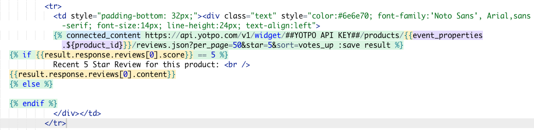 Replace YOTPO-API-KEY with your Yotpo Reviews API key