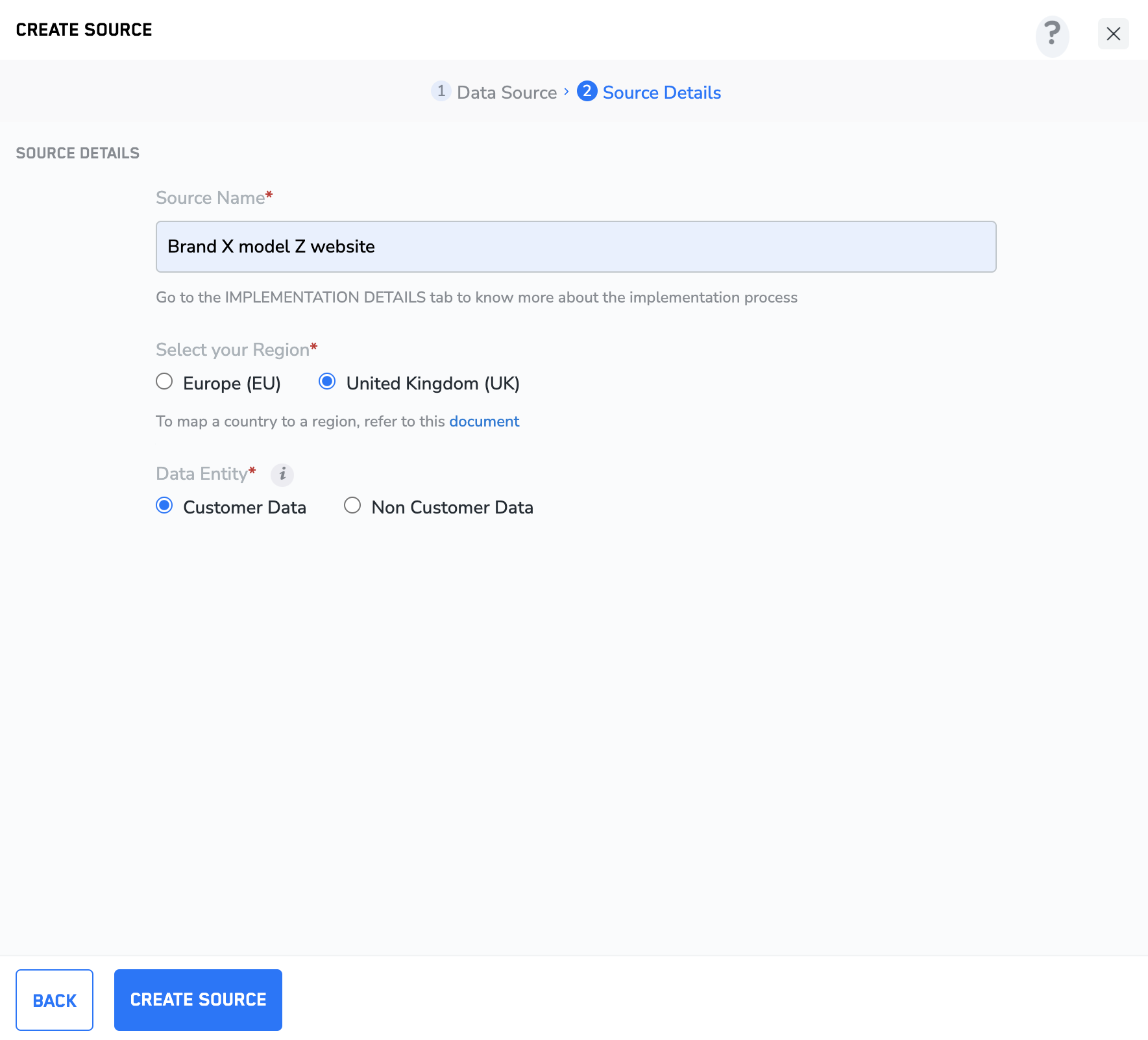 Window with options for selecting your region and data entity.