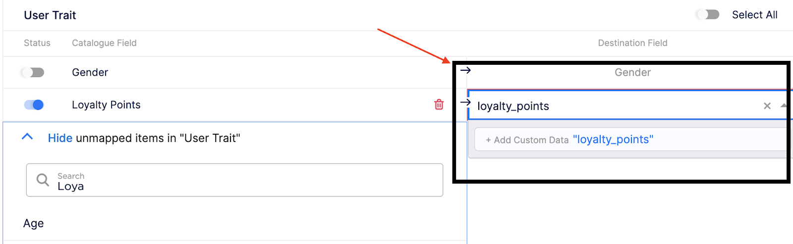 Selecting "loyalty_points" as the user trait in Zeotap.