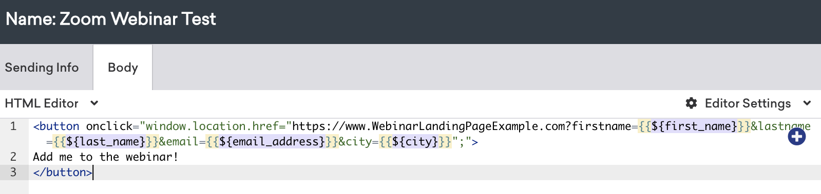 Email message with Liquid templating used to include first name, last name, email address, and city.
