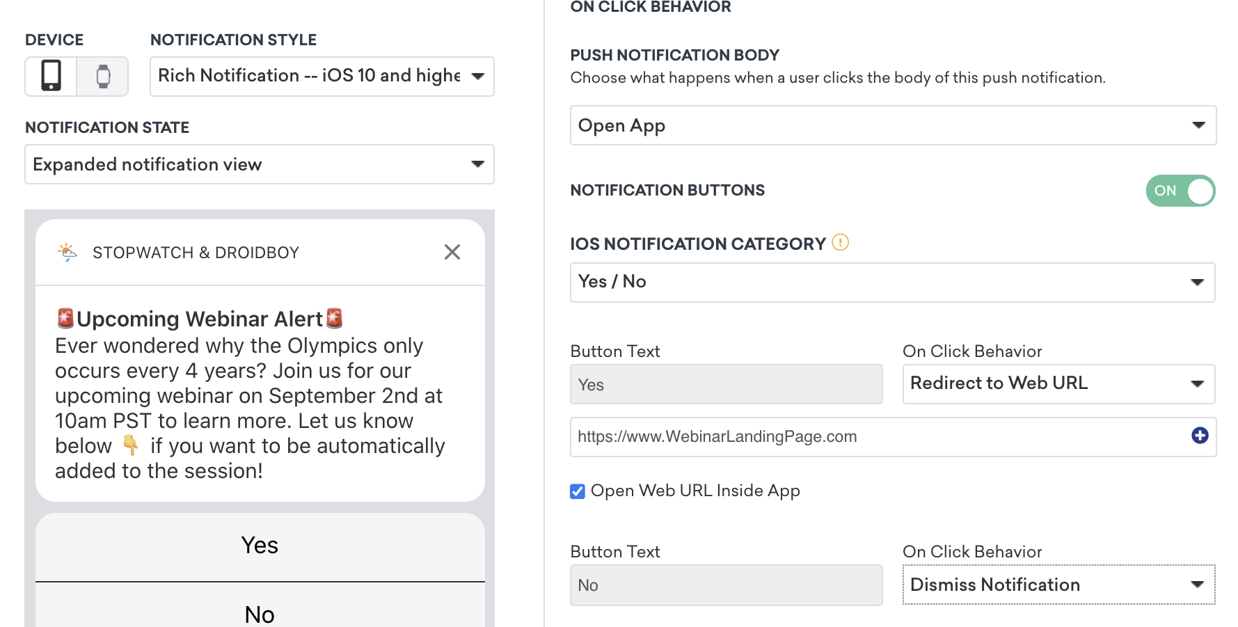 Linking out to the webinar when a button gets clicked.