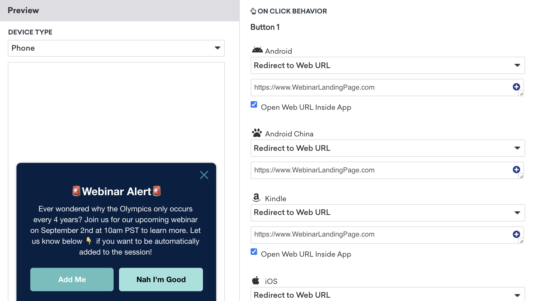 Linking out to the webinar when a button gets clicked.