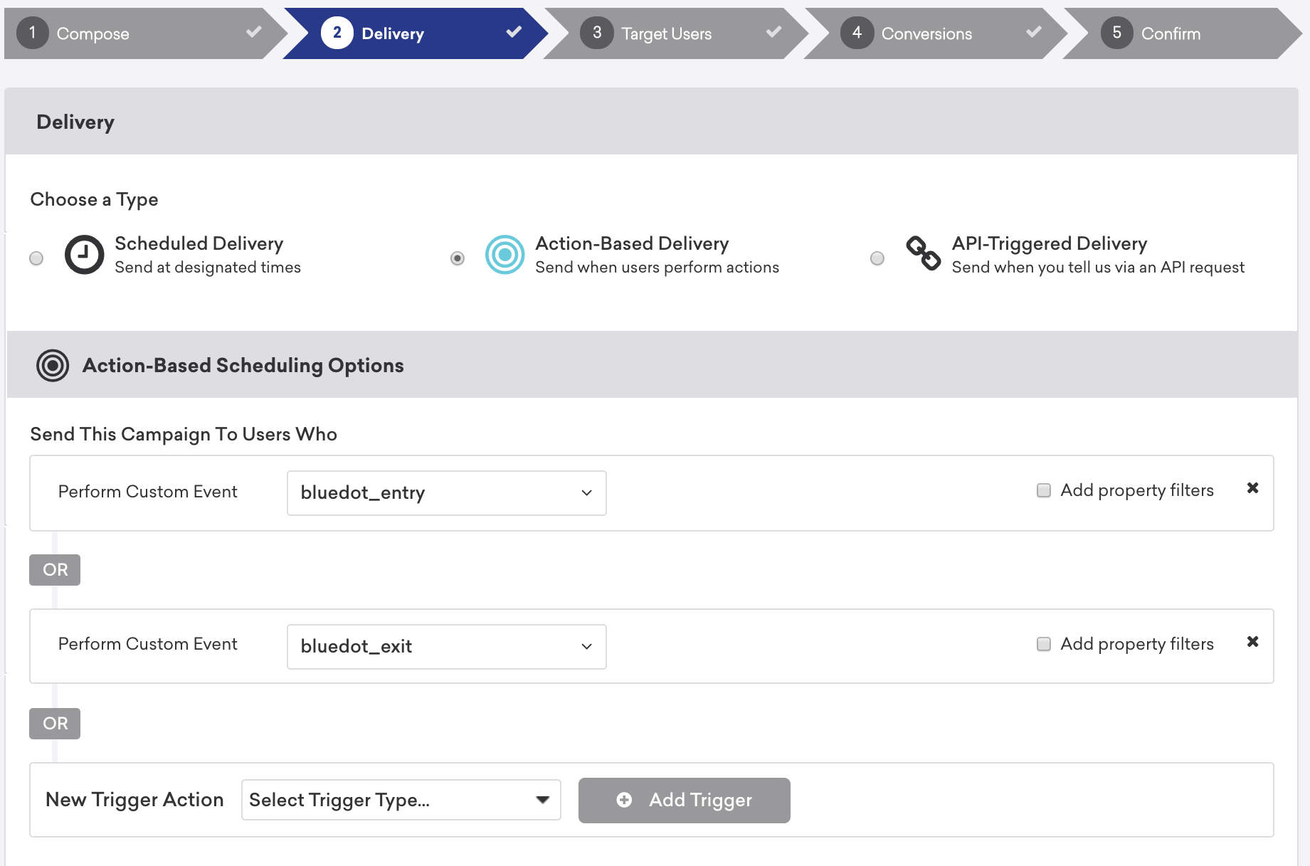 An action-based campaign in the delivery step. Here, you have two scheduling options that will send the campaign if a user performs a custom `bluedot_entry` or `bluedot_exit` event.