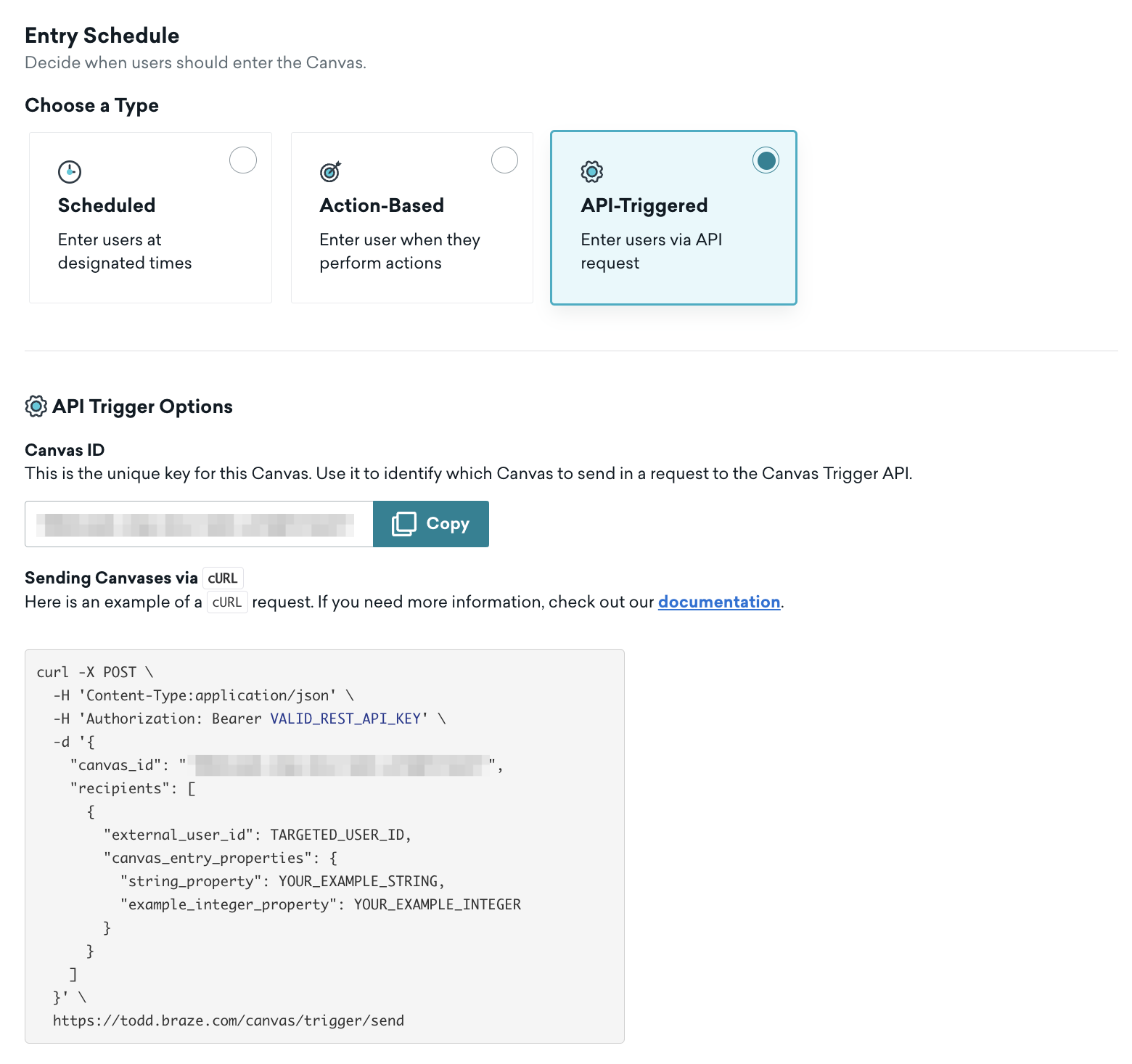 An example of API-triggered delivery with a Canvas ID and an example of a cURL request.