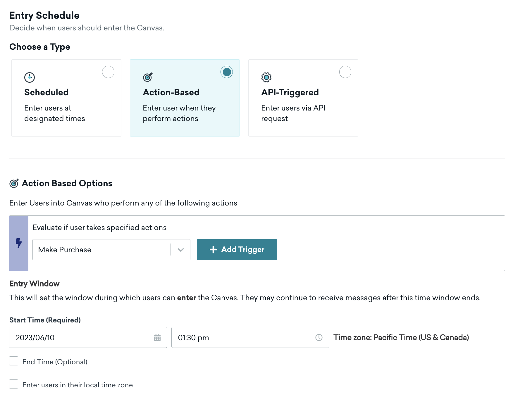 An example of action-based delivery. Users will enter the Canvas if they make a purchase with an entry window beginning at 1:30 pm on June 10, 2023.