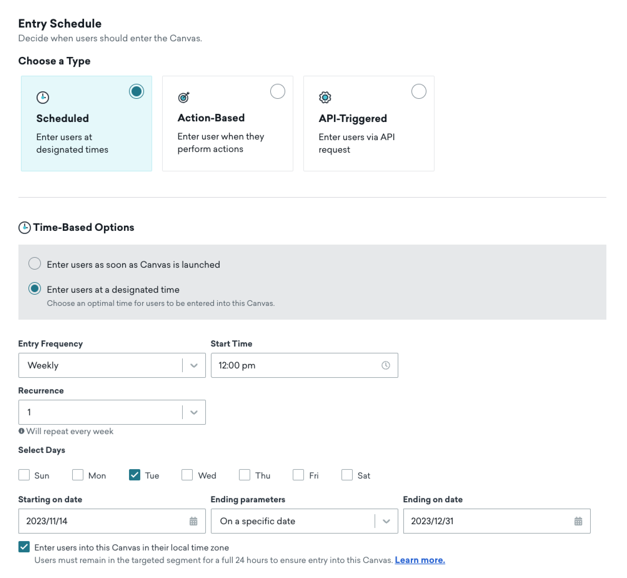 The "Entry Schedule" page with the type set to "Scheduled". Due to the selection, time-based options are shown, including frequency, start time, recurrence, days, and more.