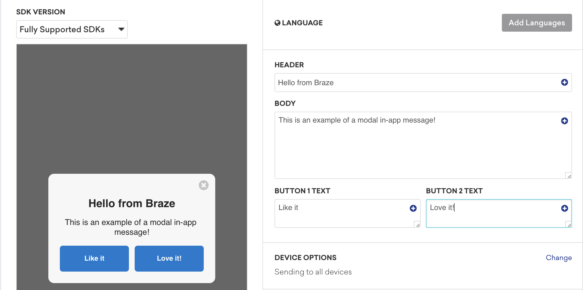 The in-app message editor displaying an example in-app message with a header, body, and button text.