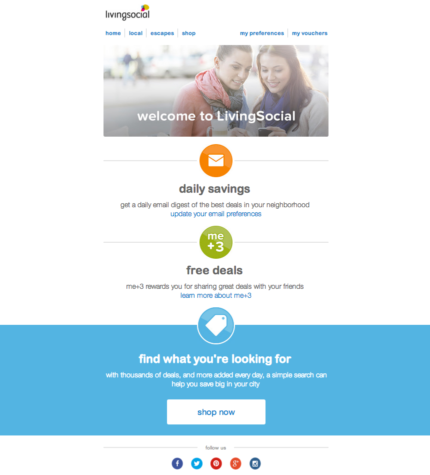 Onboarding email sent from LivingSocial that welcomes new users.