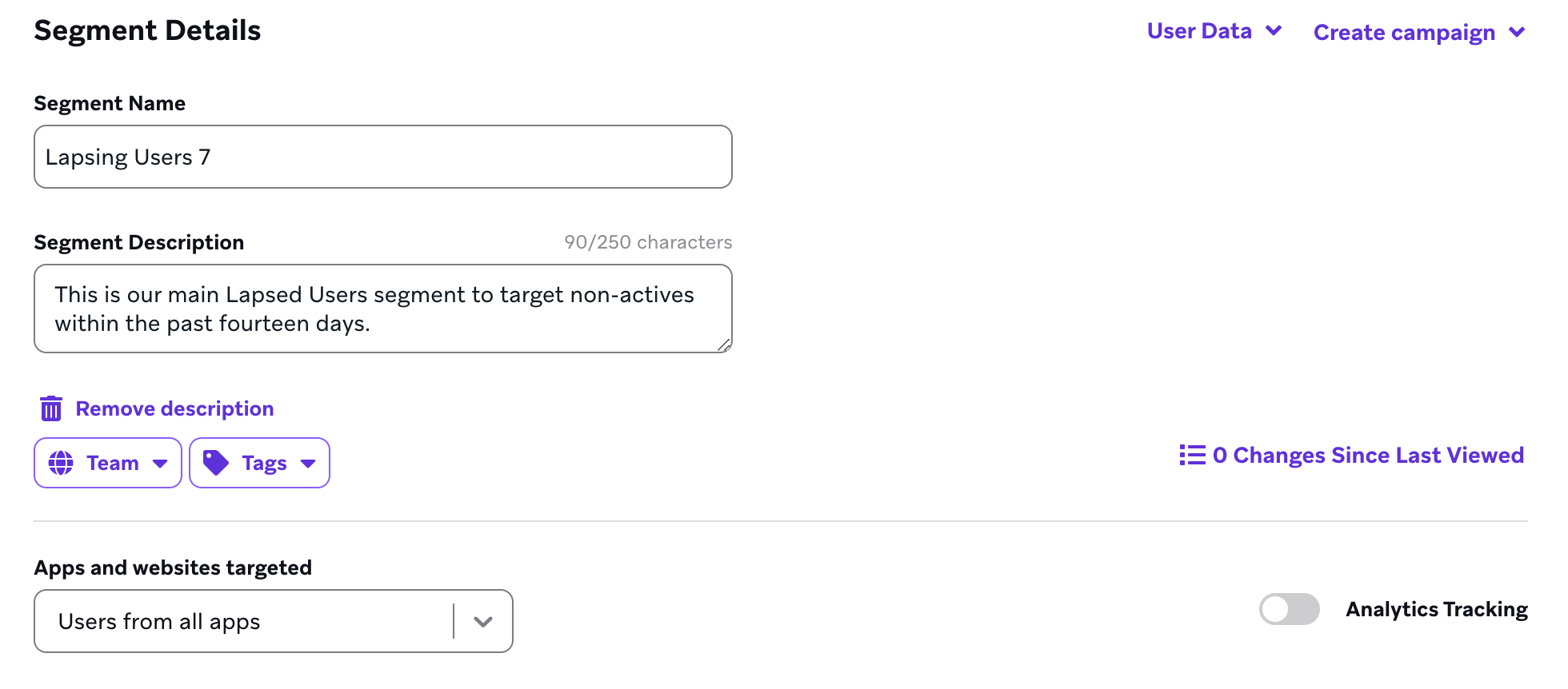 Segment Details panel with the "Users from all apps" option selected in the Apps Used section.