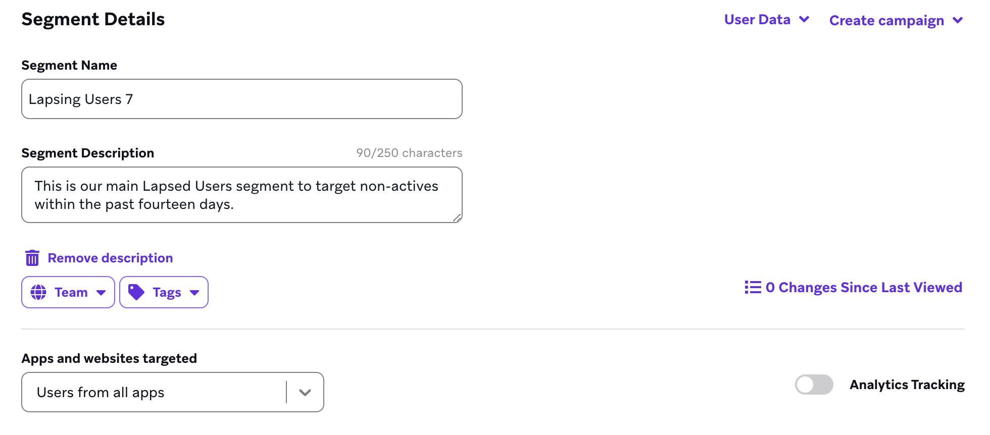 Create Segment modal where the segment is named "Lapsed Users" with the Segment Description as "This is our main Lapsed User segment to target non-actives within the past fourteen days." with two buttons: Cancel and Create Segment.