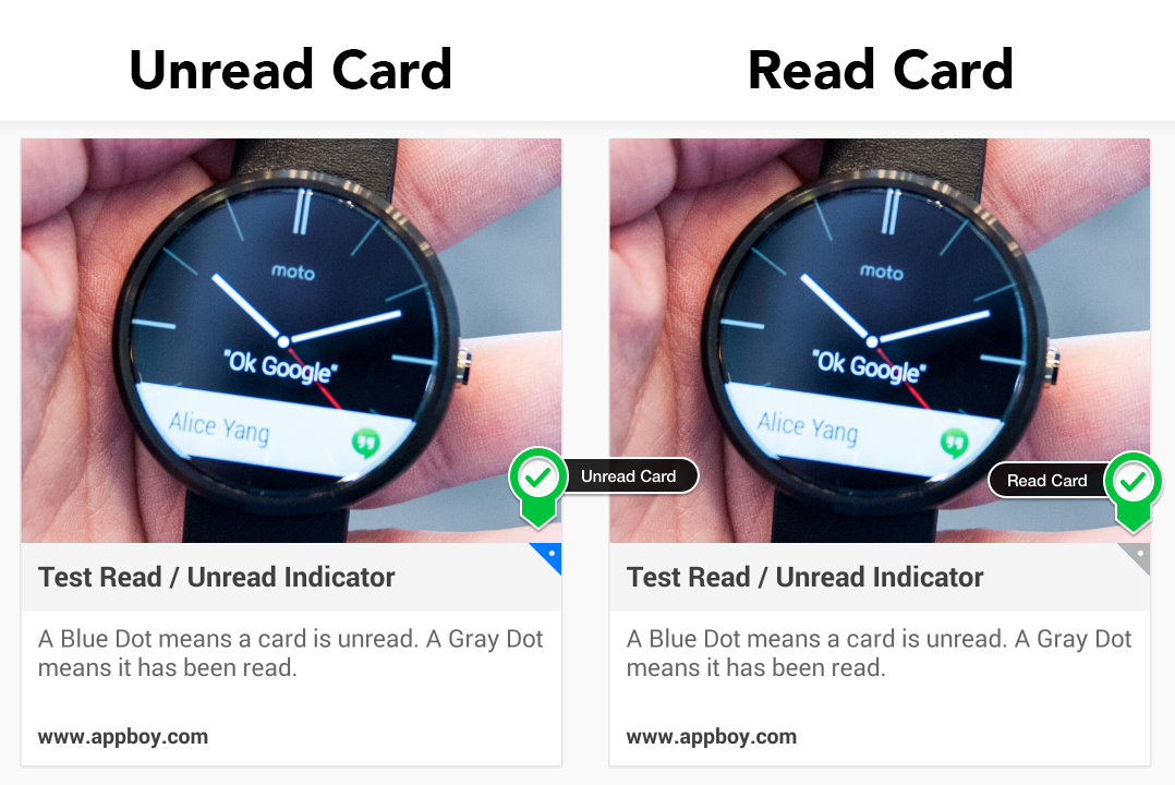 A News Feed card showing an image of a watch along with some text. In the upper right corner of the text is a blue or gray triangle that indicates if a card has been read or not. A blue triangle signifies that a card has been read.