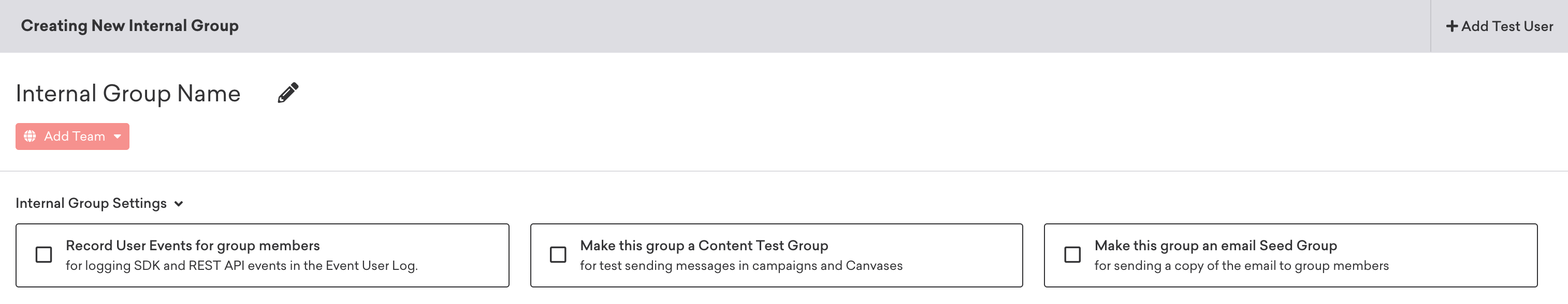 Internal Group Settings when creating a new Internal Group