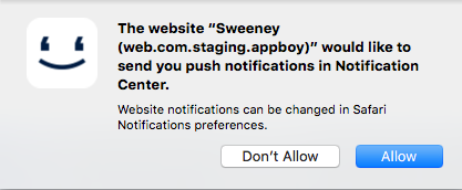 An opt-in web push example for Safari with two buttons: Don't Allow and Allow.