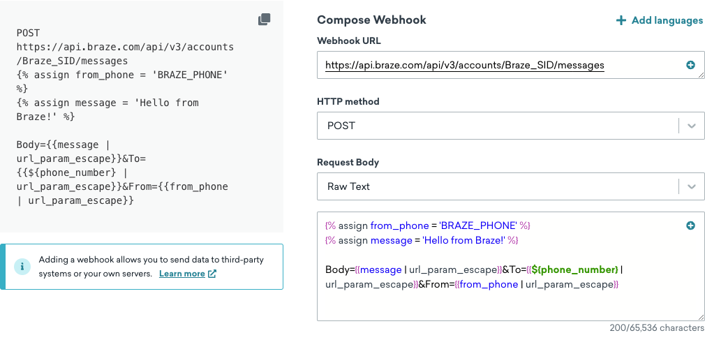 The "Compose" tab when creating a webhook template. Available fields are webhook URL, HTTP method, request body, and request headers. You can also add languages.
