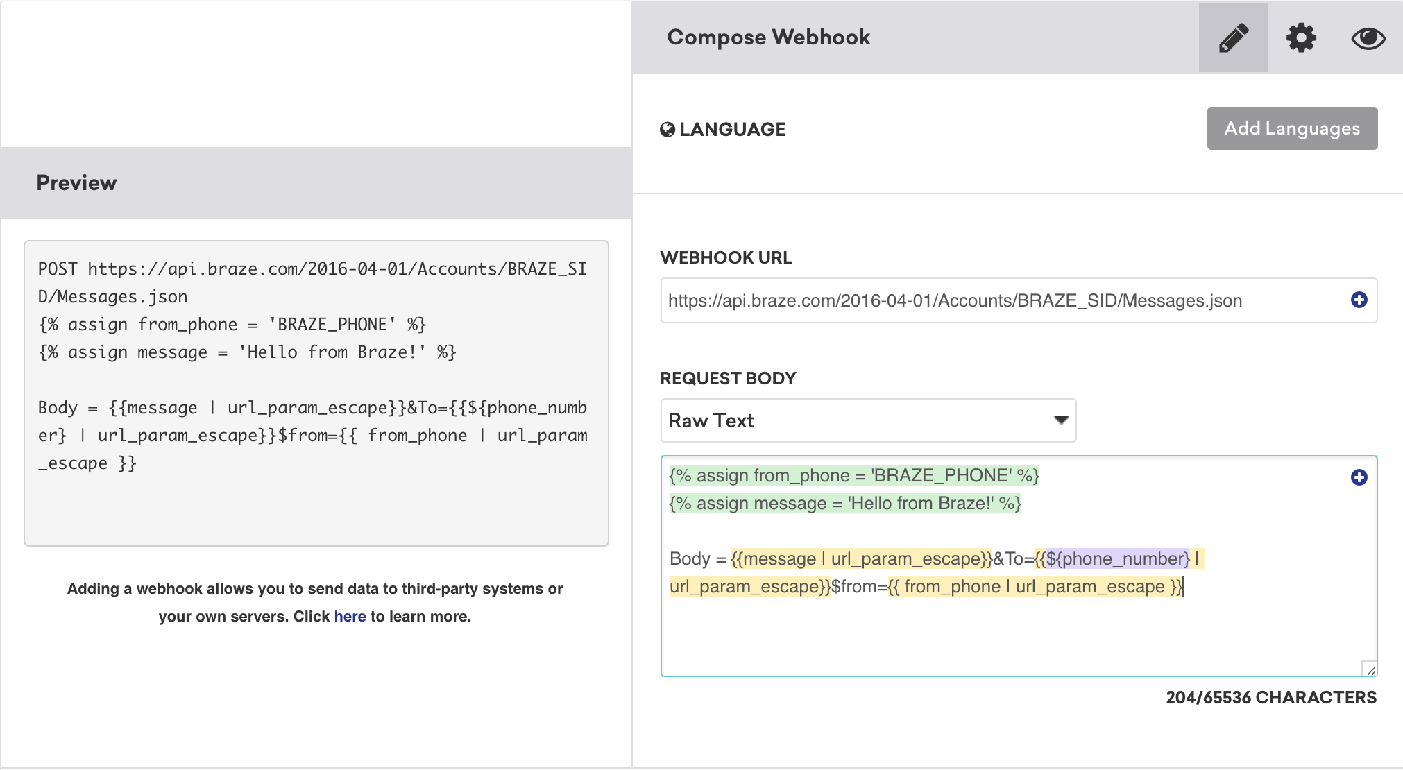 Compose tab when creating a webhook template. Available fields are language, webhook URL, and request body.