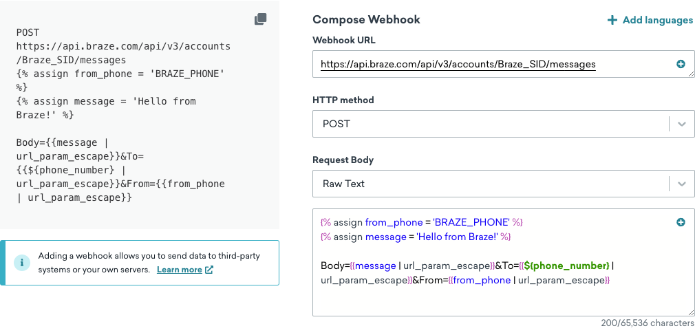 Compose tab when creating a webhook template. Available fields are language, webhook URL, and request body.