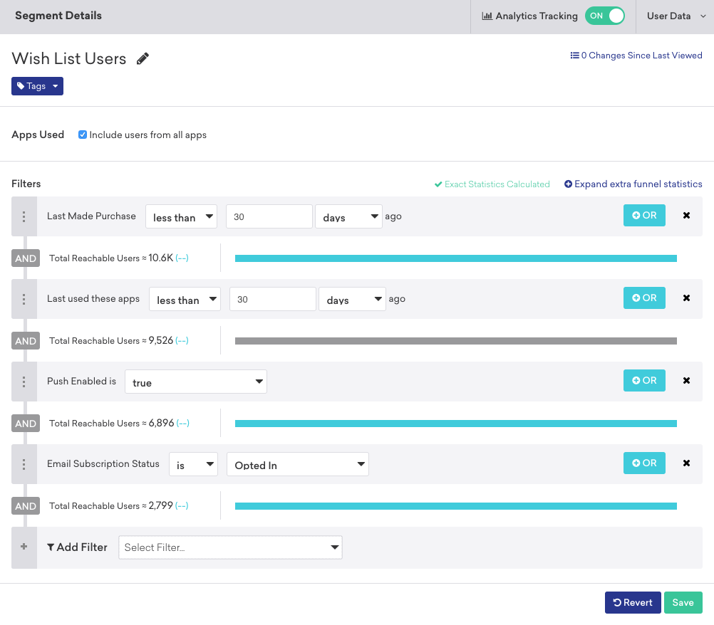 Segment funnel for email example with the following filters: "Last Made Purchase less than 30 days ago", "Last used these apps less than 30 days ago", "Push Enabled is true", and "Email Subscription Status is Opted In" to reach 2,799 users.