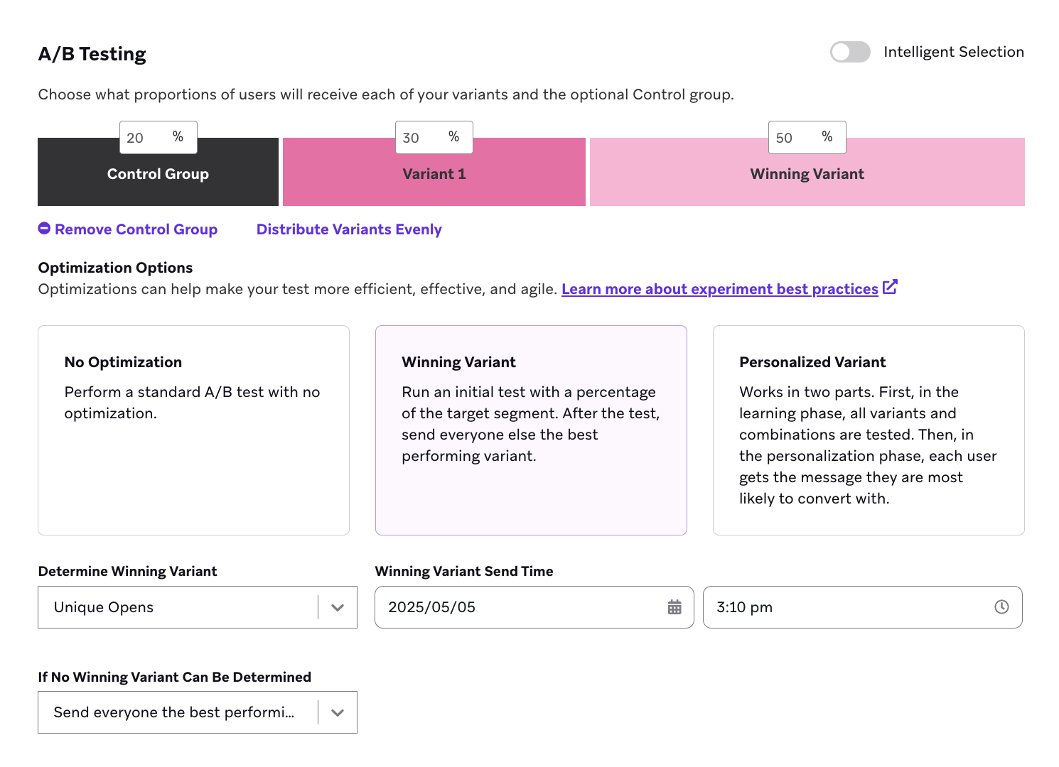 Optimization options listed in the A/B Testing section when choosing your target audience. Three options are listed: No Optimiziation, Winning Variant, and Personalized Variant. Personalized Variant is selected.