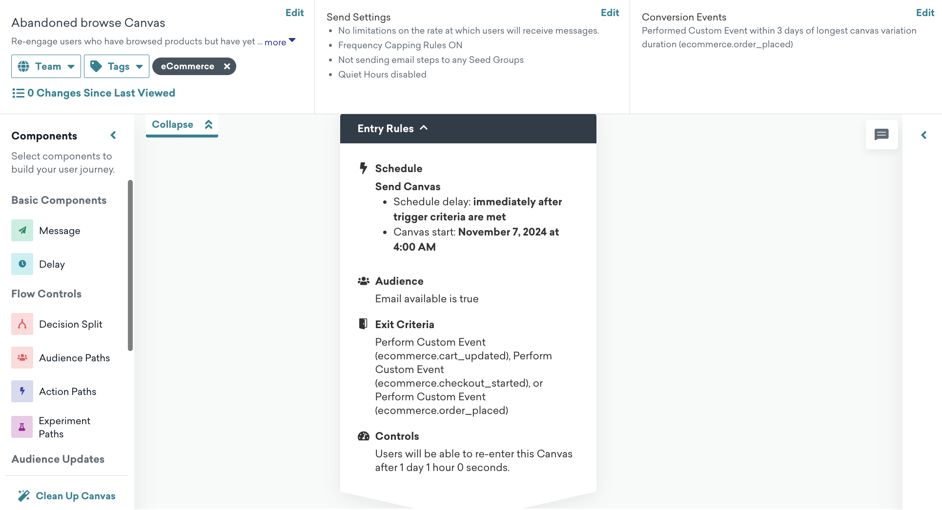 An applied "Abandoned Browse" Canvas template with expanded "Entry Rules".