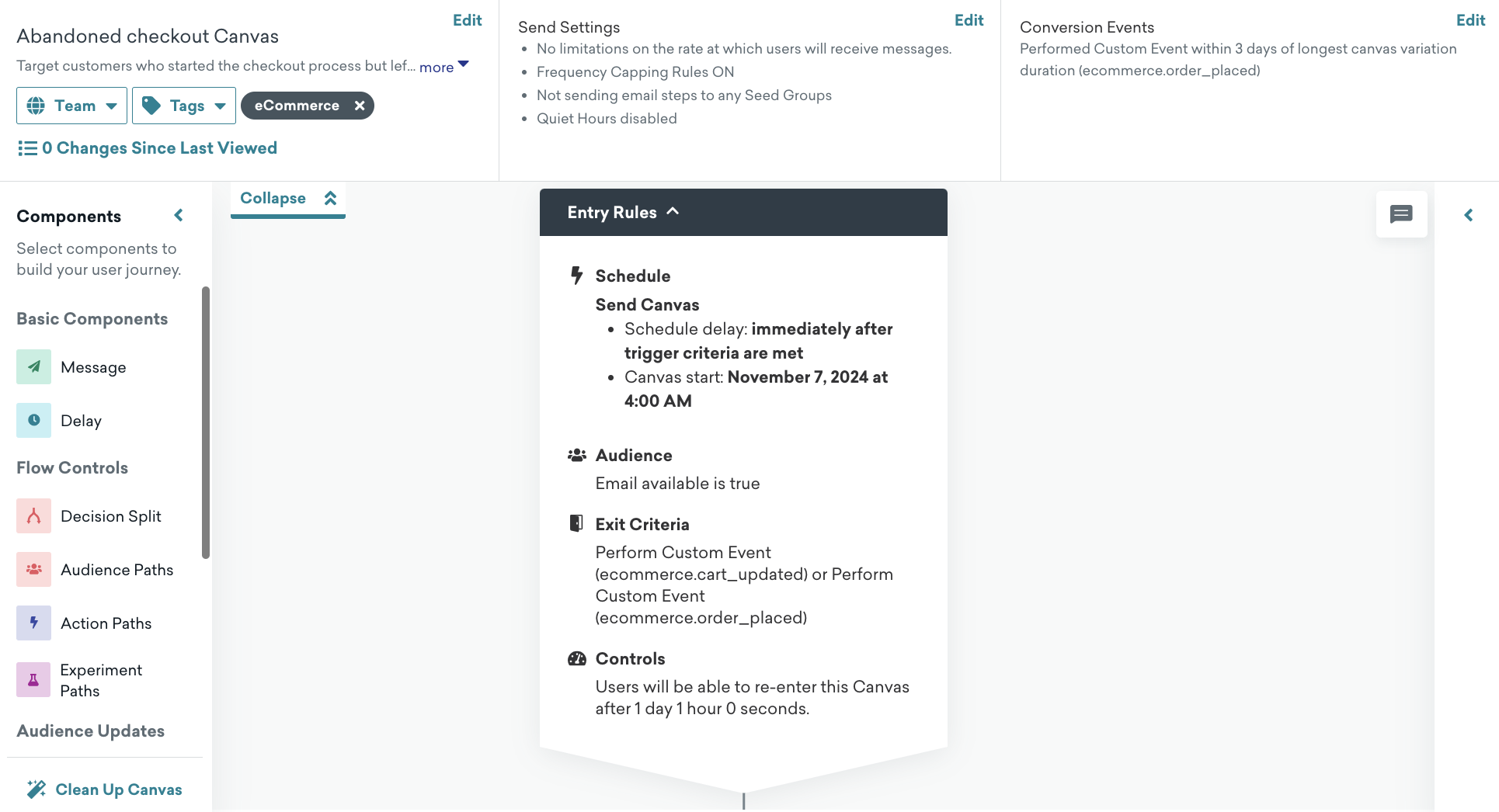An applied "Abandoned Checkout" Canvas template with expanded "Entry Rules".