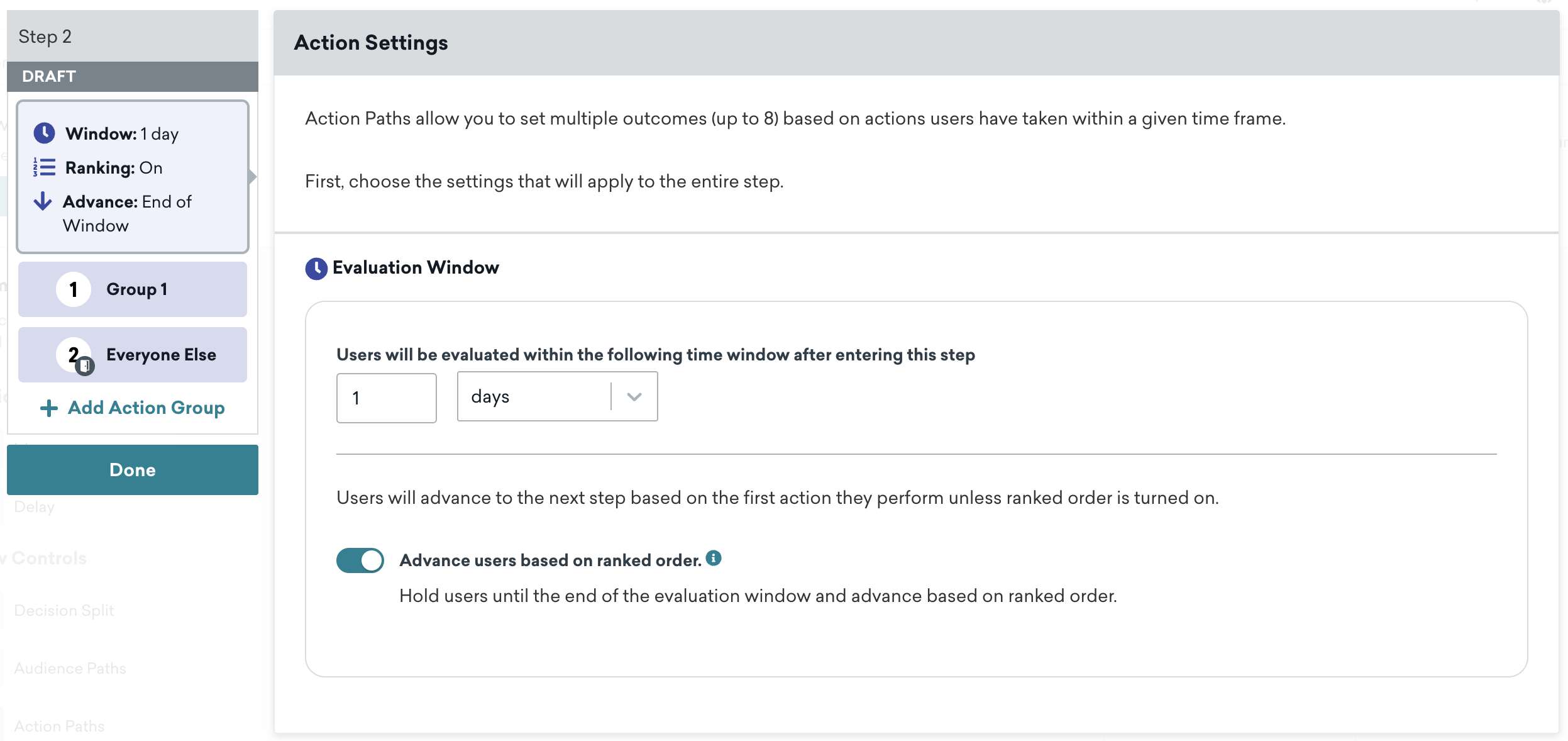 The second step in the canvas, "Action Settings", with an evaluation window set to 1 day.