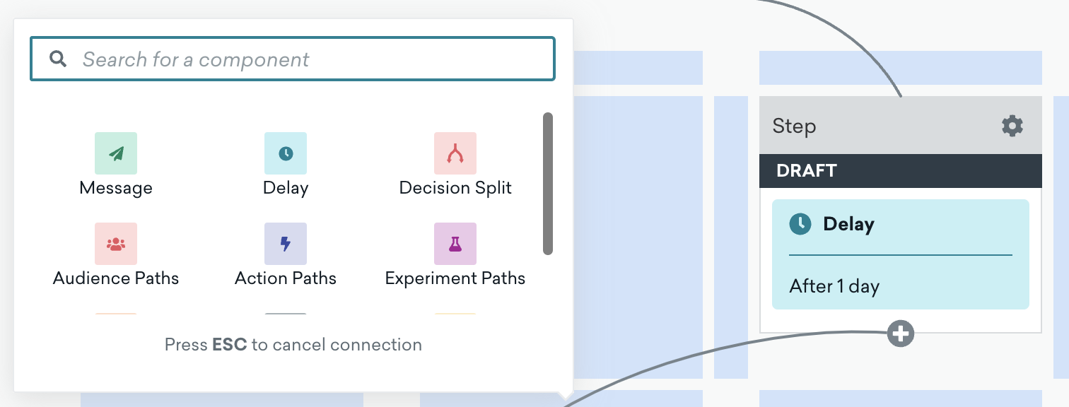 The component search window adding a delay step to the Braze Canvas.
