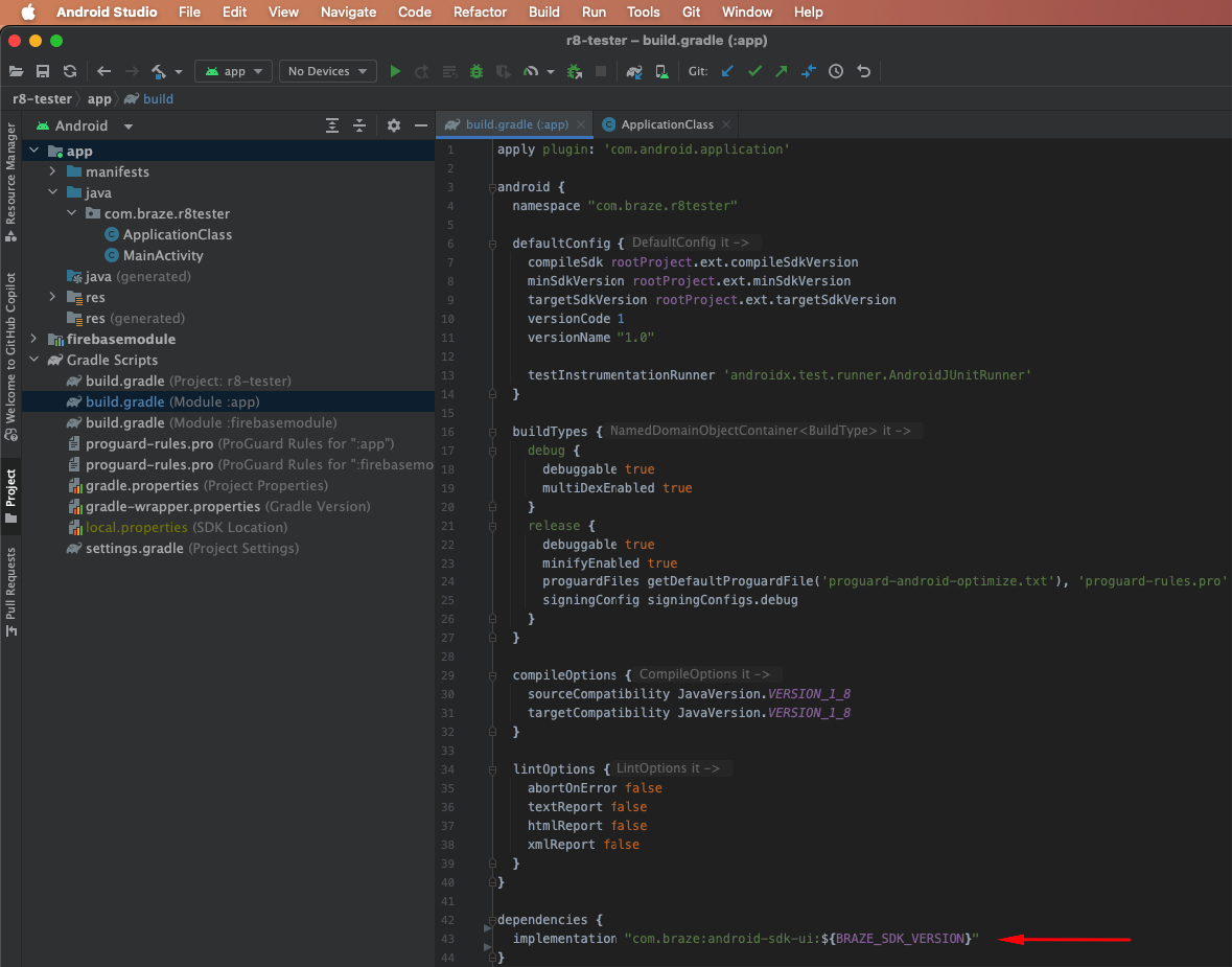 Android studio displaying the "build.gradle". In this screenshot, the dependency code is added to the bottom of the file.