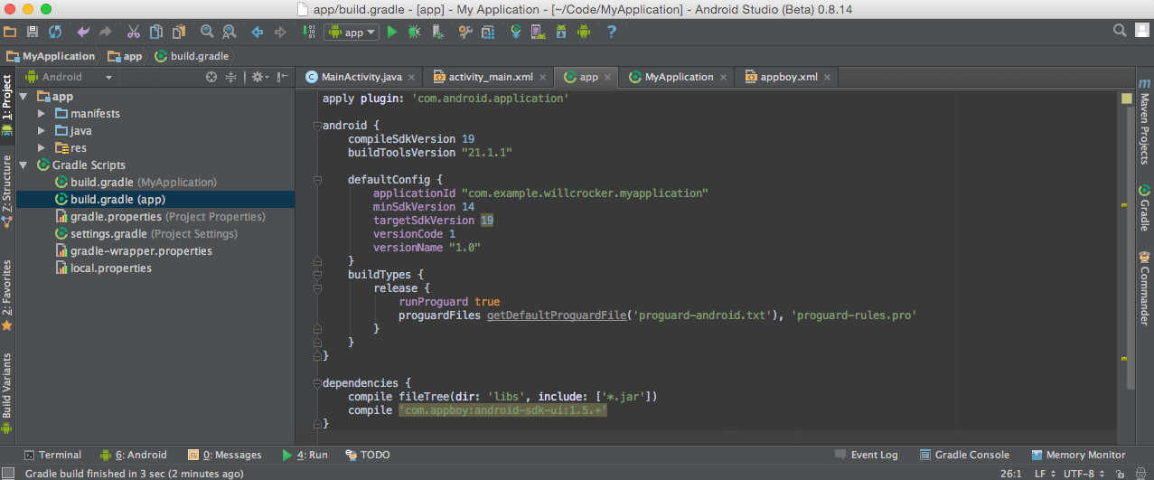 Android studio displaying the "build.gradle". In this screenshot, the dependency code is added to the bottom of the file.