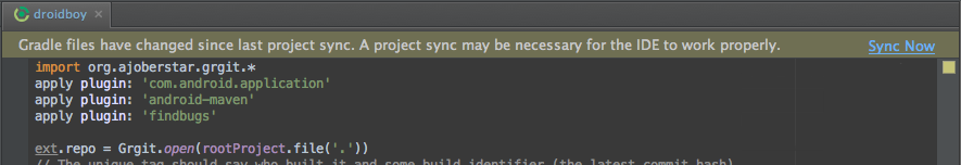 Android studio displaying a banner and button at the top of the application that says, "Gradle files have changed since last project sync. A project sync may be necessary for the IDE to work properly. Sync Now."