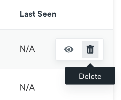 An API key named 'Last Seen' with the trash icon highlighted, showing 'Delete'.