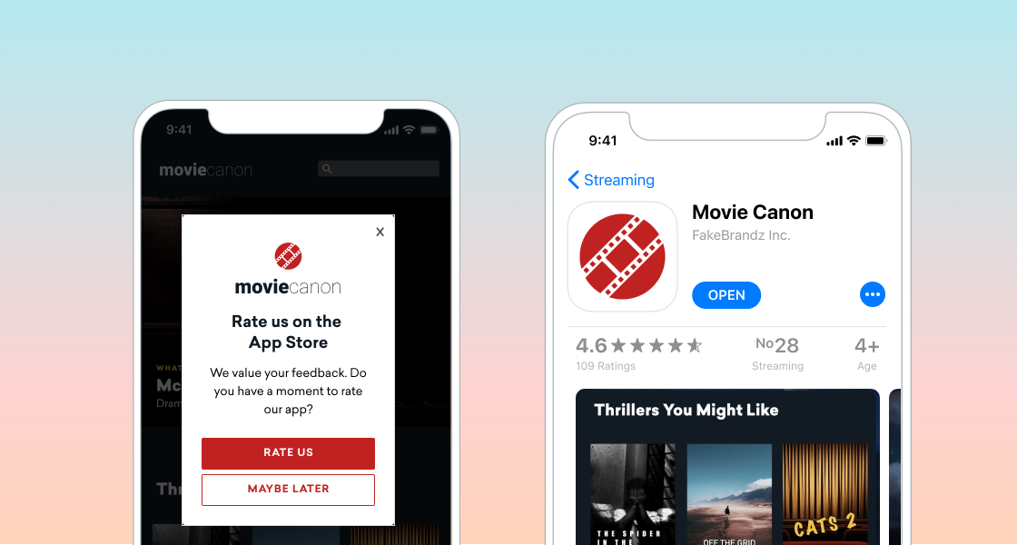 Two mobile screens side-by-side. The first is an in-app message that asks the user to rate the app on the App Store. The second is the iOS App Store page for that app.