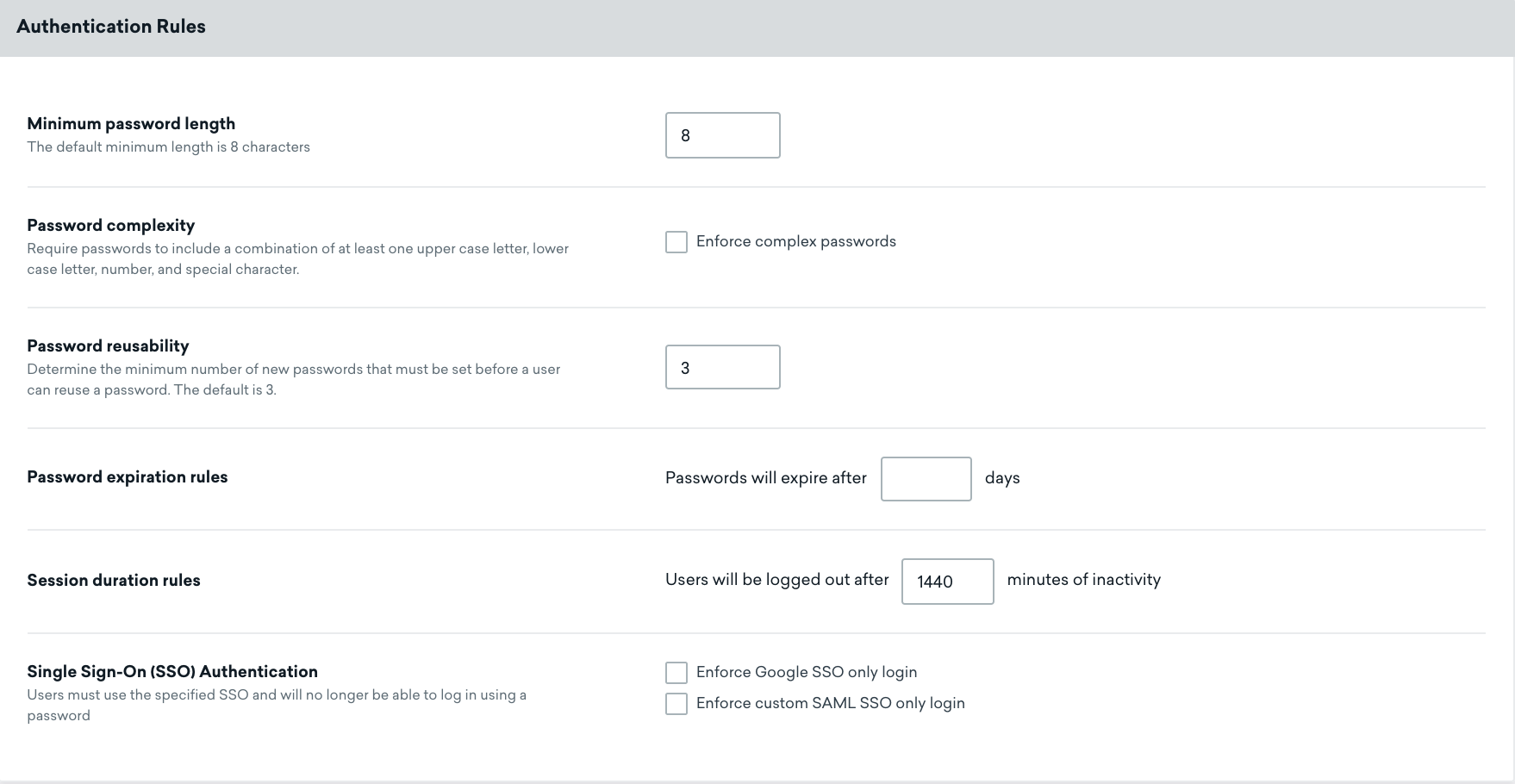 Authentication Rules section of the Security Settings tab