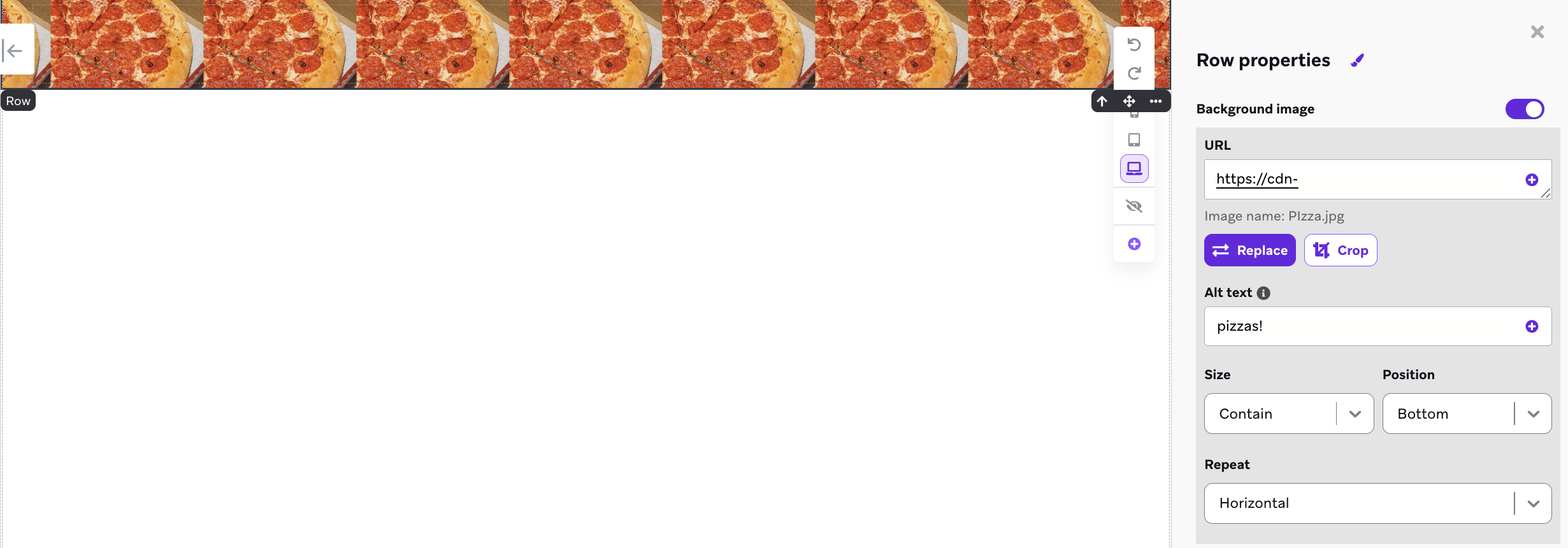 A row background image of a pizza that has a horizontal repeat pattern.