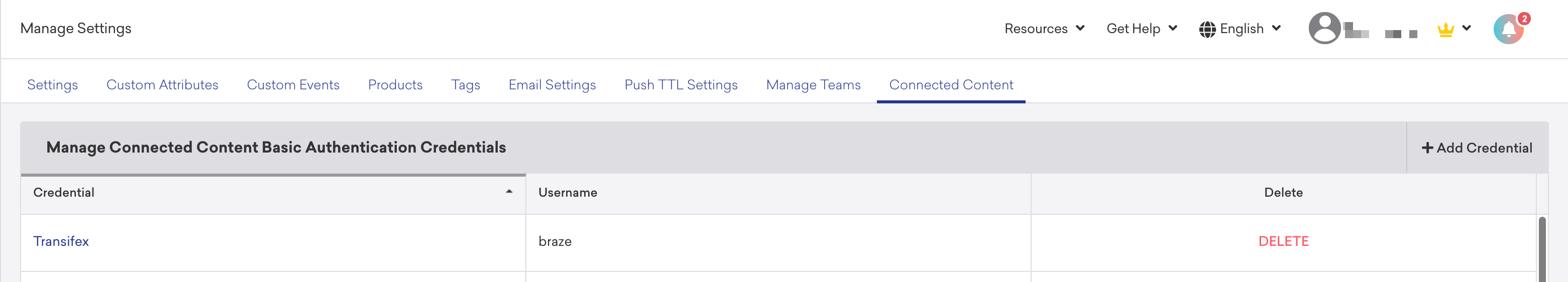 The 'Connected Content' settings in the Braze dashboard.
