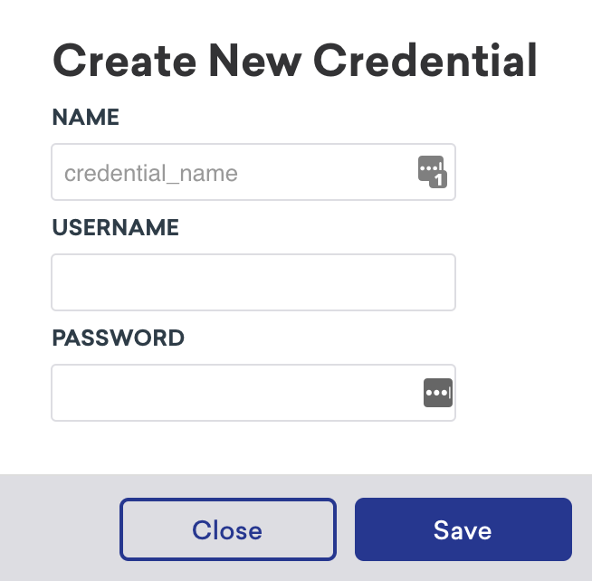 The 'Create New Credential' window with the option to enter a name, username, and password.