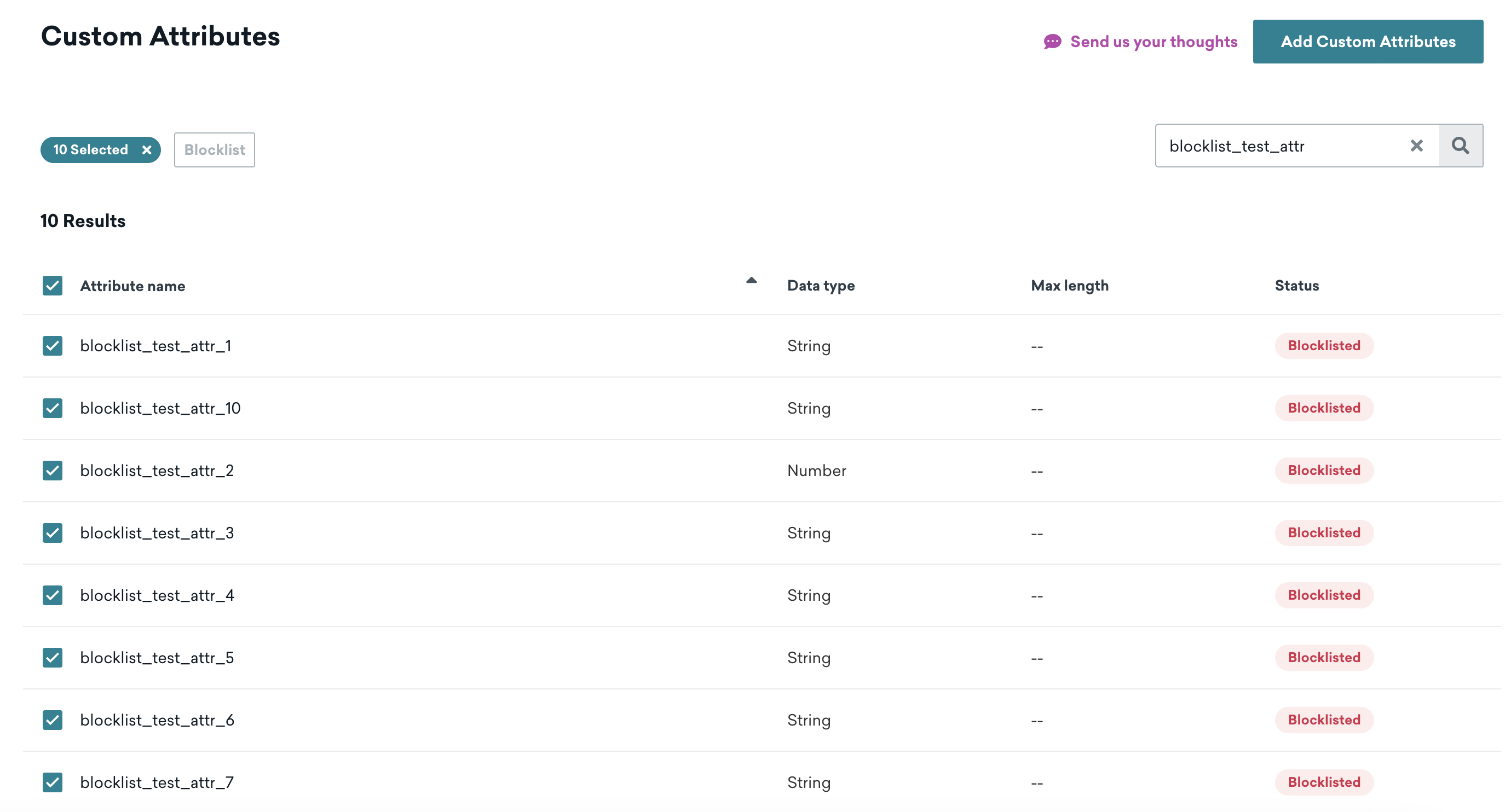 Multiple selected custom attributes that are blocklisted on the Custom Attributes page.