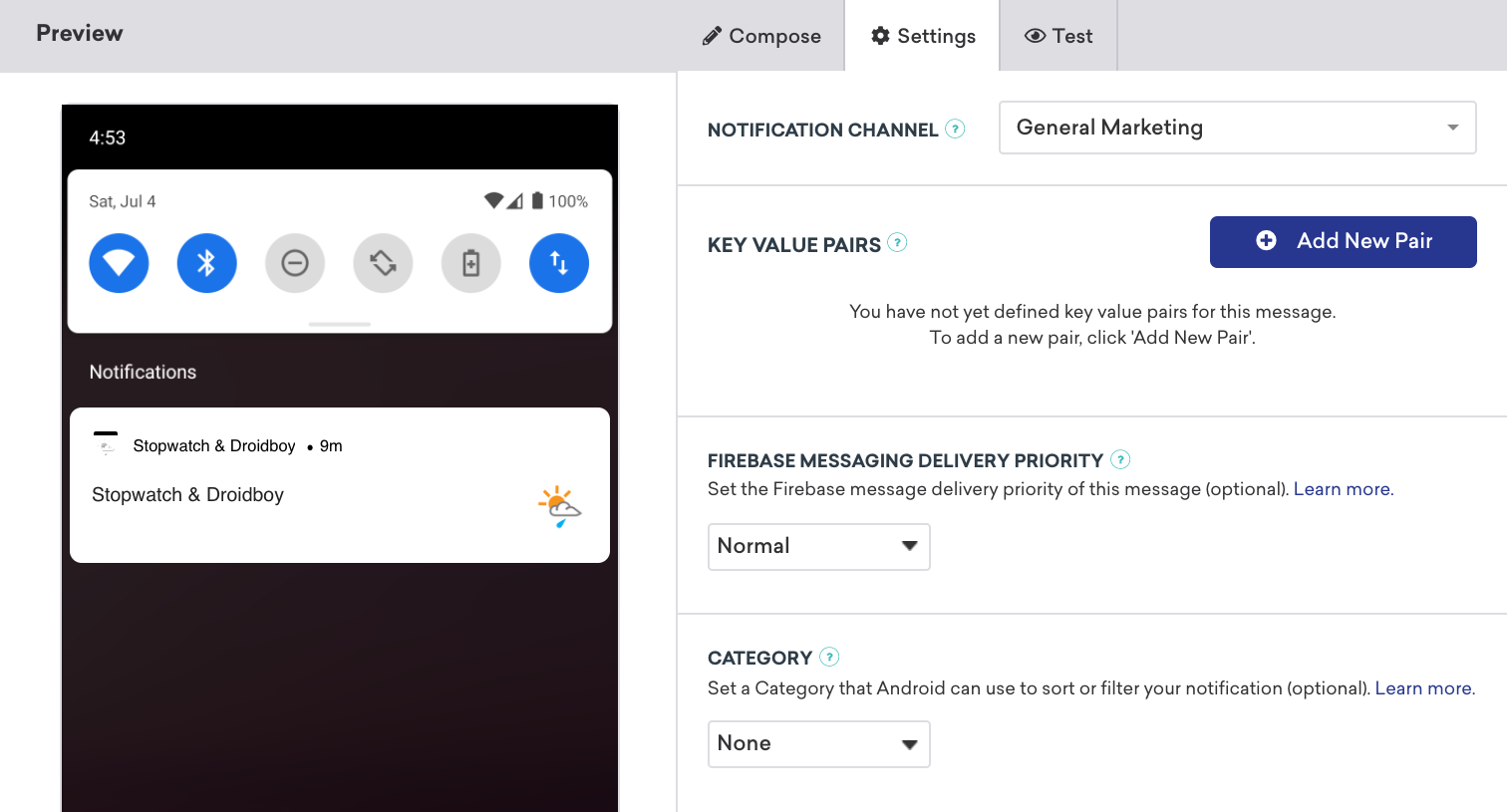 Settings tab with the Category set to None, which is the default setting.