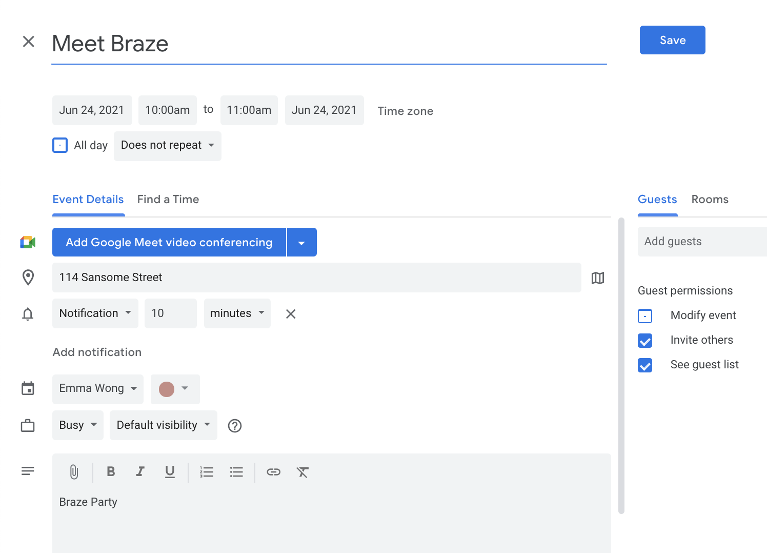 Google Calendar dialog to add an event with the event's details added and ready to save.