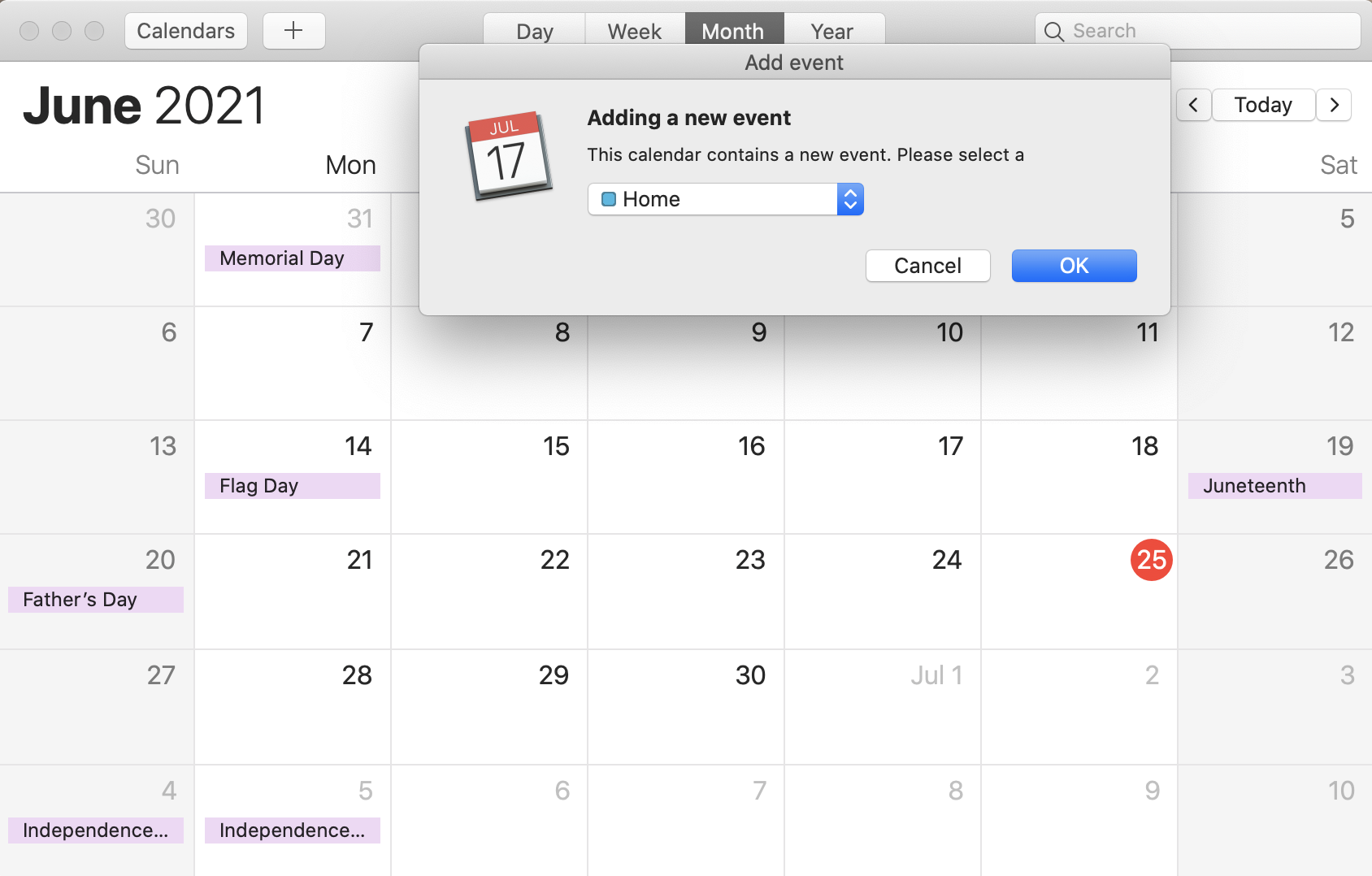 iCal calendar with a dialog for adding a new event, which prompts the user to select a calendar and confirm.