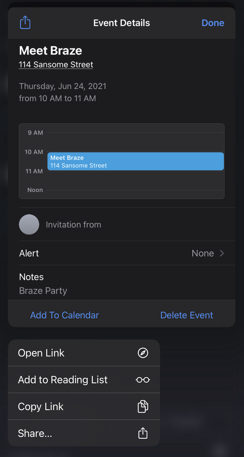 iOS pop-up when you press and hold on a calendar link, which includes a button to "Add to Calendar".
