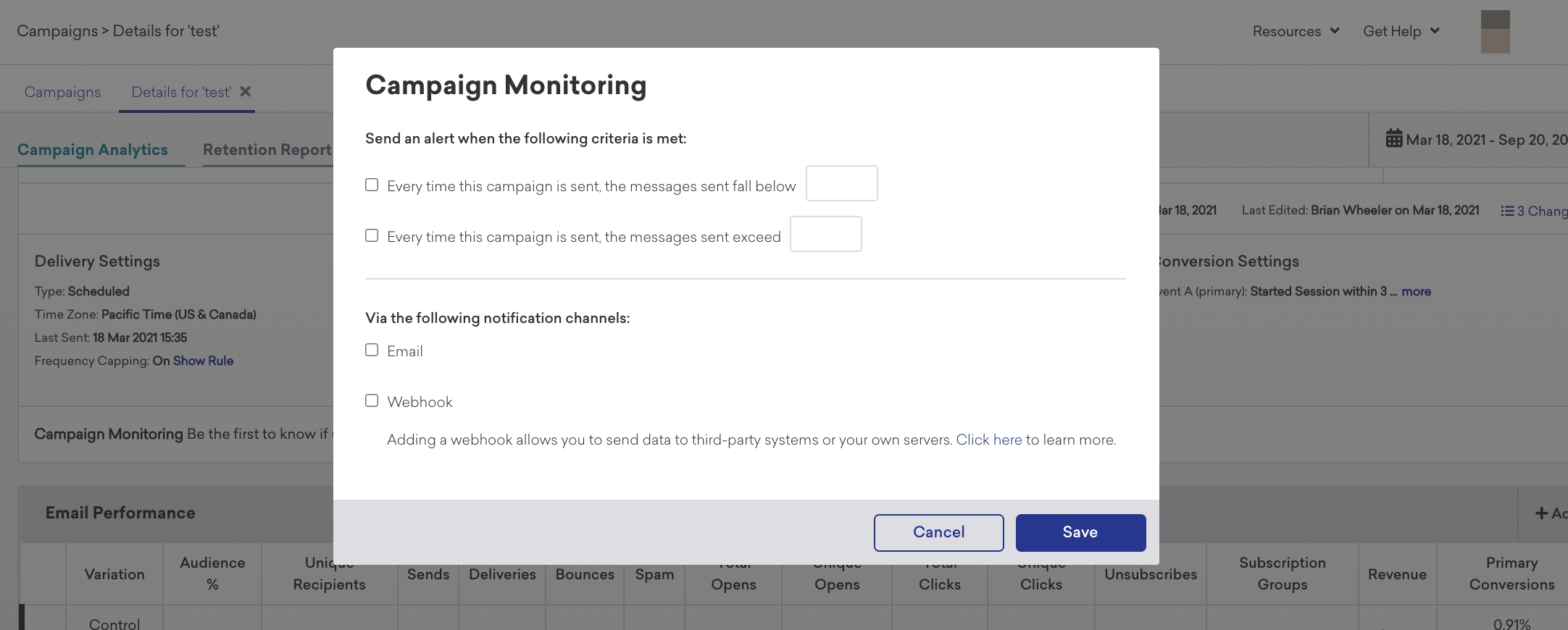 Campaign Monitoring dialog box with two buttons: Cancel and Save.