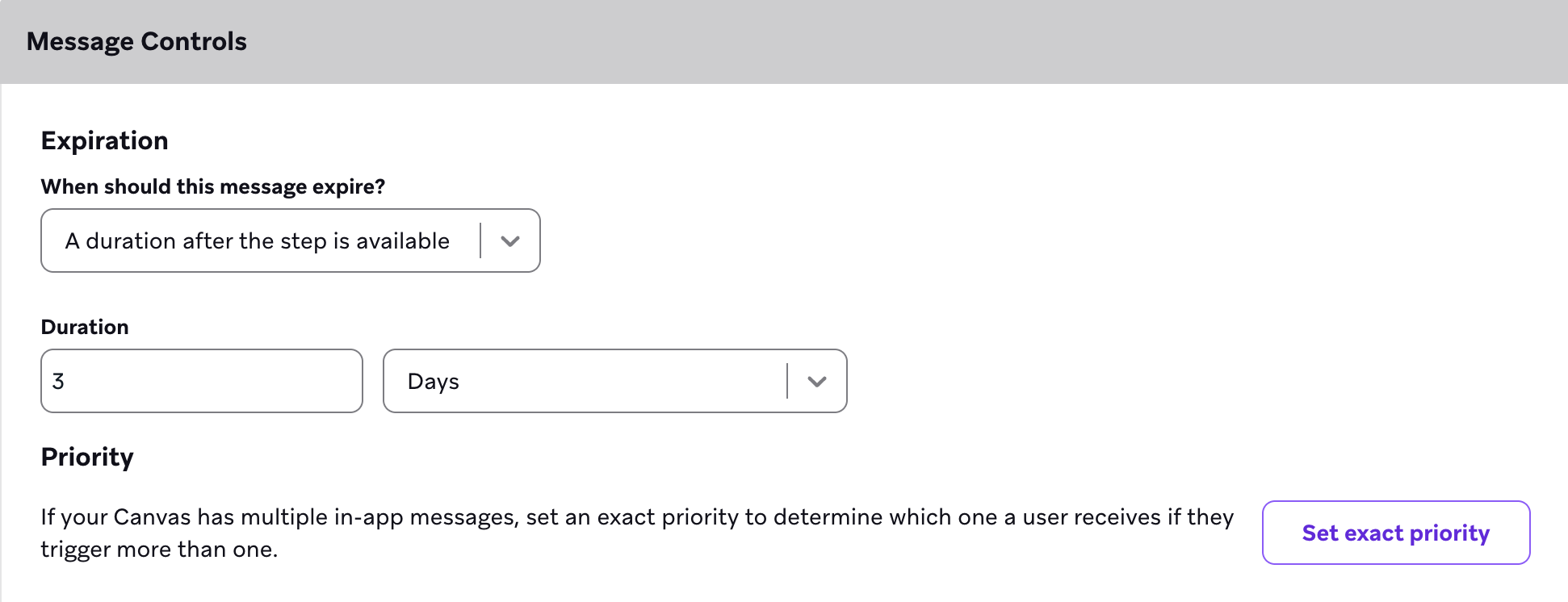 The Message Controls section of a Message step for an in-app message. The in-app message will expire three days after the step is available.