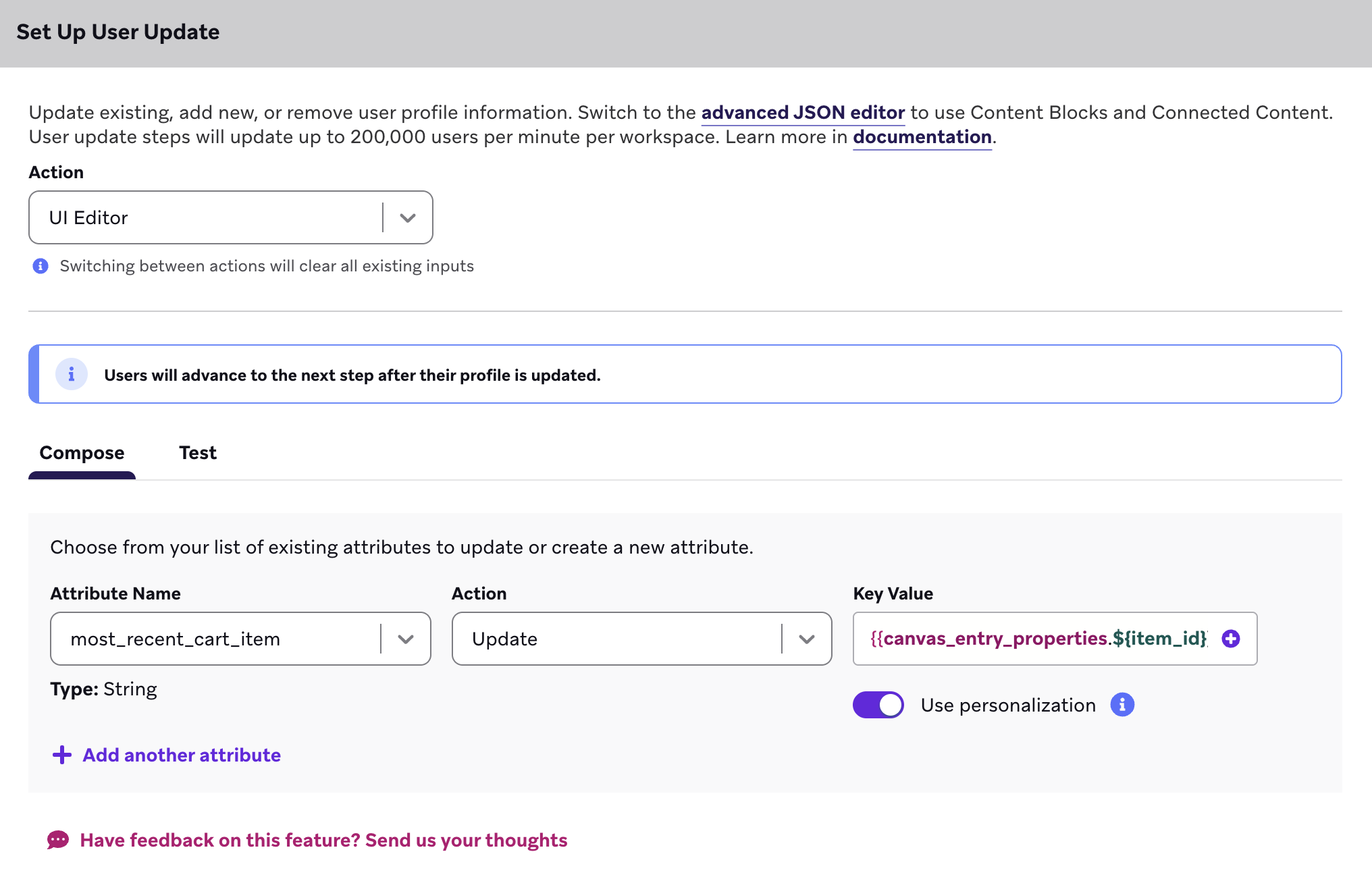 User Update step that updates the attribute "most_recent_cart_item" with an item ID.