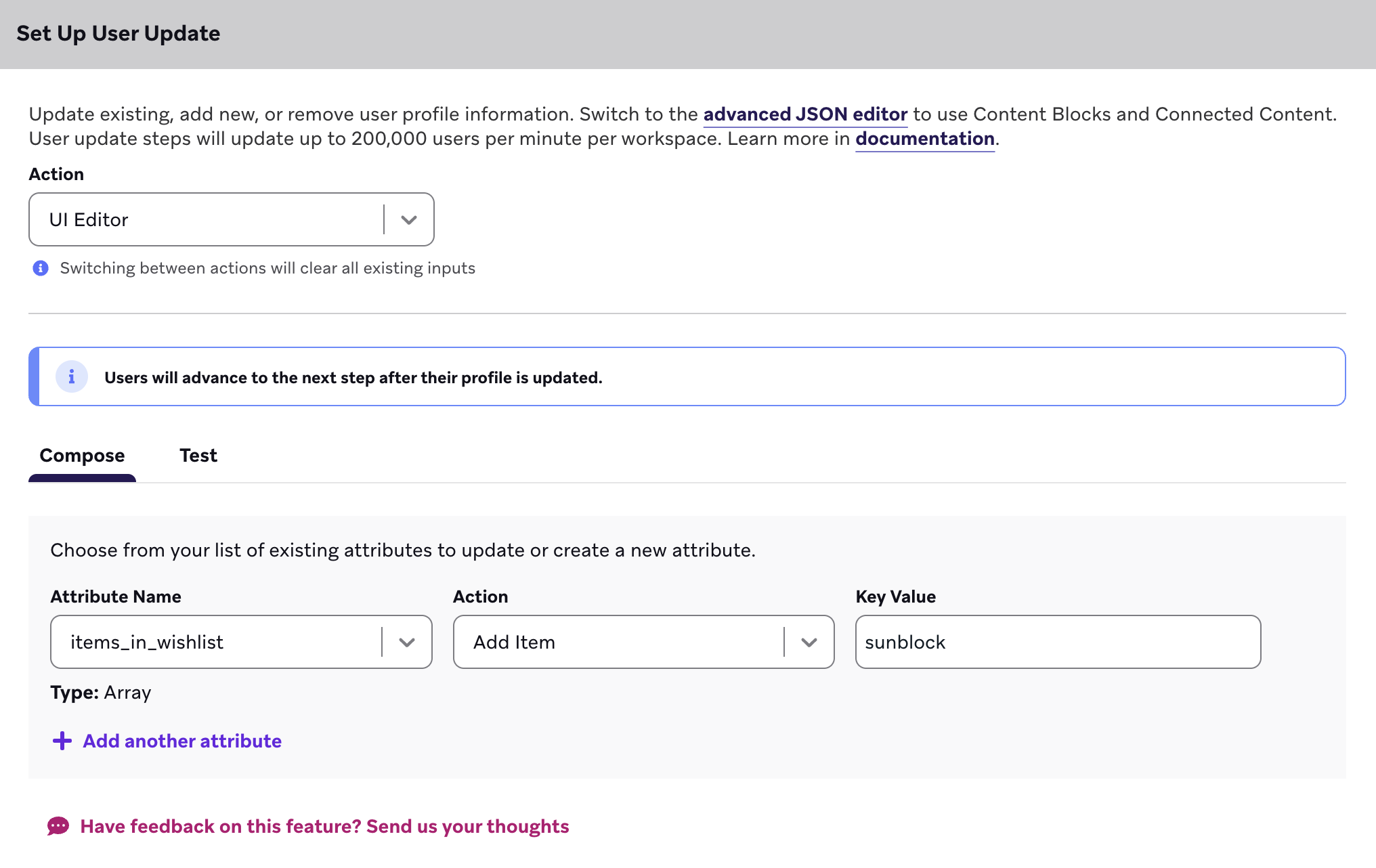 User Update step that adds an item "sunblock" to the attribute "items_in_wishlist".