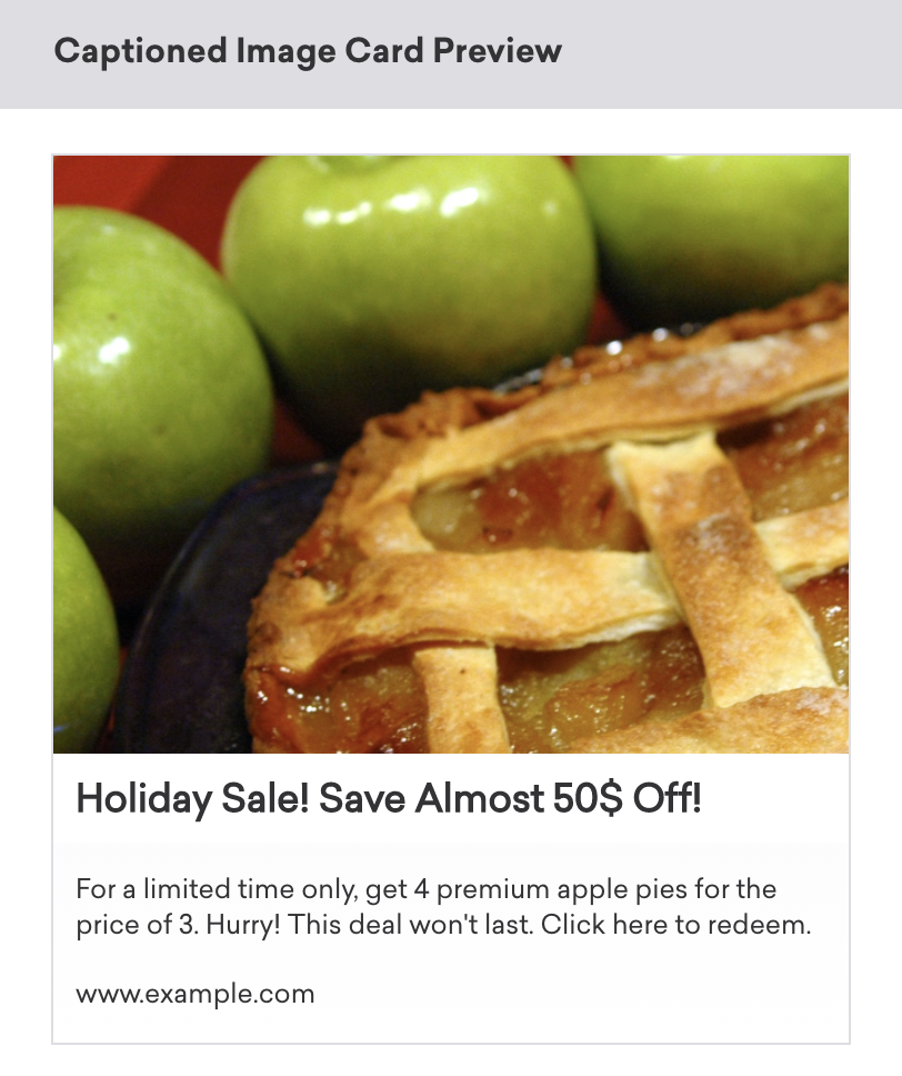 A Captioned Image Card Preview with an image of an apple pie and apples. There is a header under the picture that reads "Holiday Sale! Save Almost 50 Dollars Off!" with the following text: "For a limited time only, get four premium apple pies for the price of 3. Hurry! This deal won't last. Click here to redeem. www.example.com".