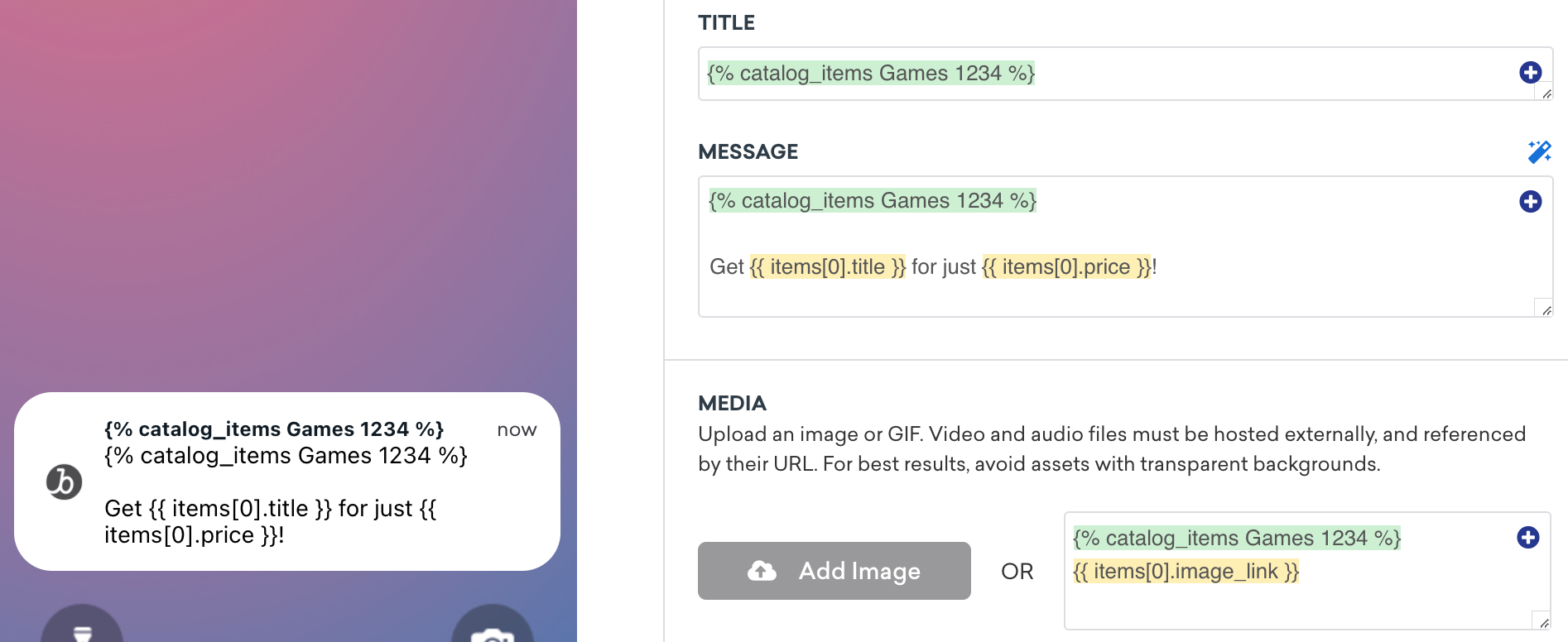 Content Card composer with catalog Liquid tag used in the image field.