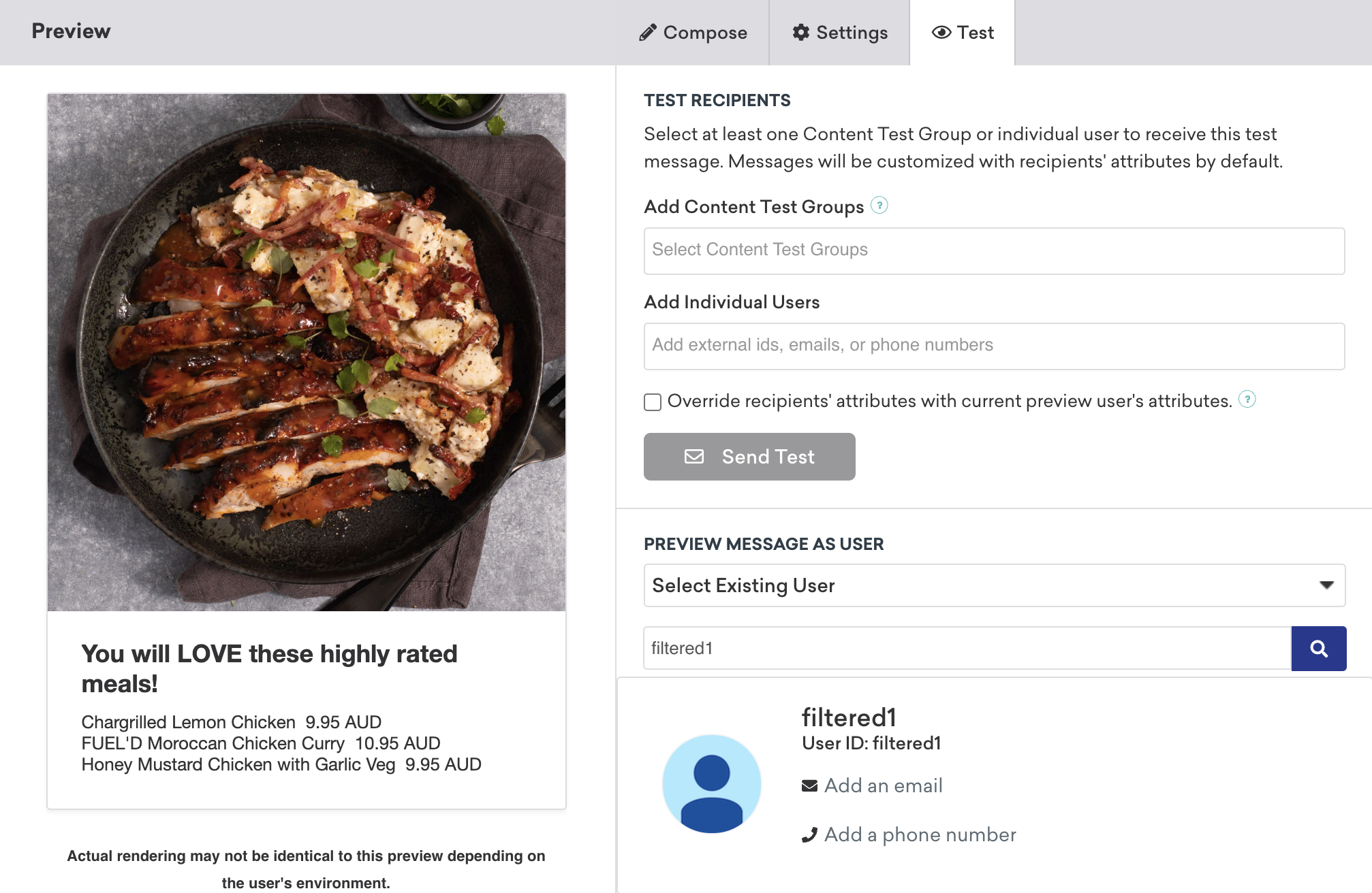 A Content Card with an image of char-grilled lemon chicken, and a list of three meal recommendations that include chicken based on the user's most recently viewed category.