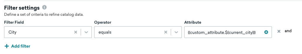 Filter settings for catalog selection where the attribute is set to a Liquid custom attribute.
