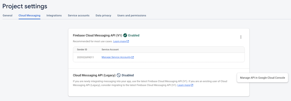 The Cloud Messaging API can be enabled by clicking on the three dots on the right.