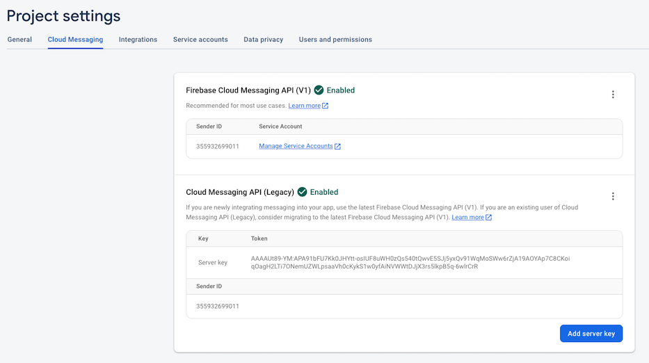 The Firebase platform under "Settings" and then "Cloud Messaging" will display your server ID and server key.